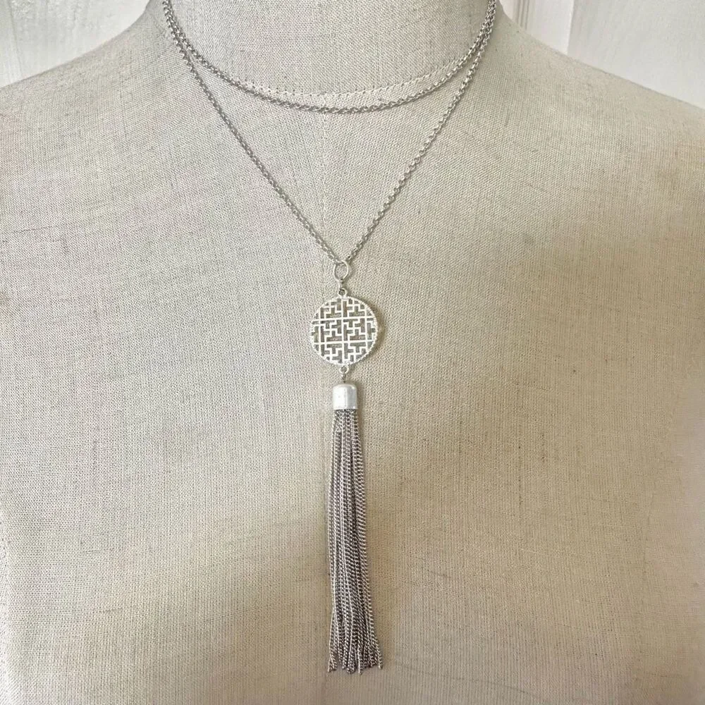 Silver tone long tassel necklace
